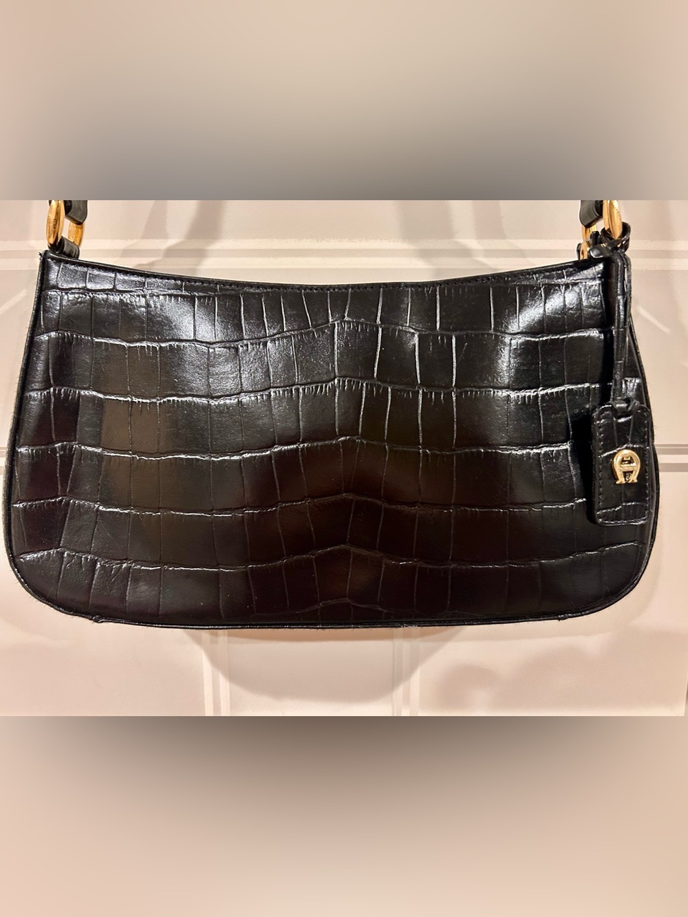 Etienne Aigner Black Croc-Embossed Leather Shoulder Bag with Gold Hardware